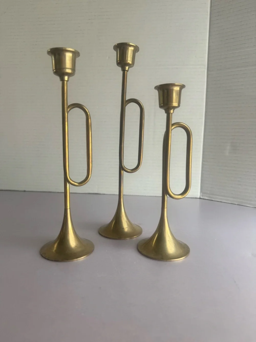 VINTAGE FRENCH HORN BRASS TAPER CANDLE SET